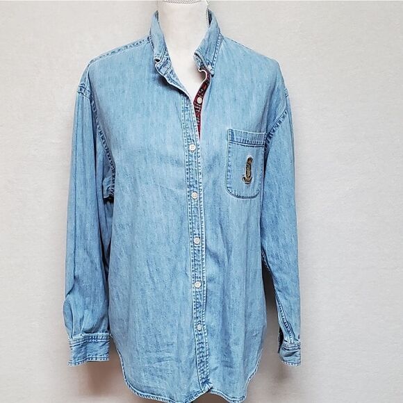 Vintage 1990s Lauren Ralph Lauren Chambray Stone Wash Button Up Logo Top Large - Picture 4 of 13